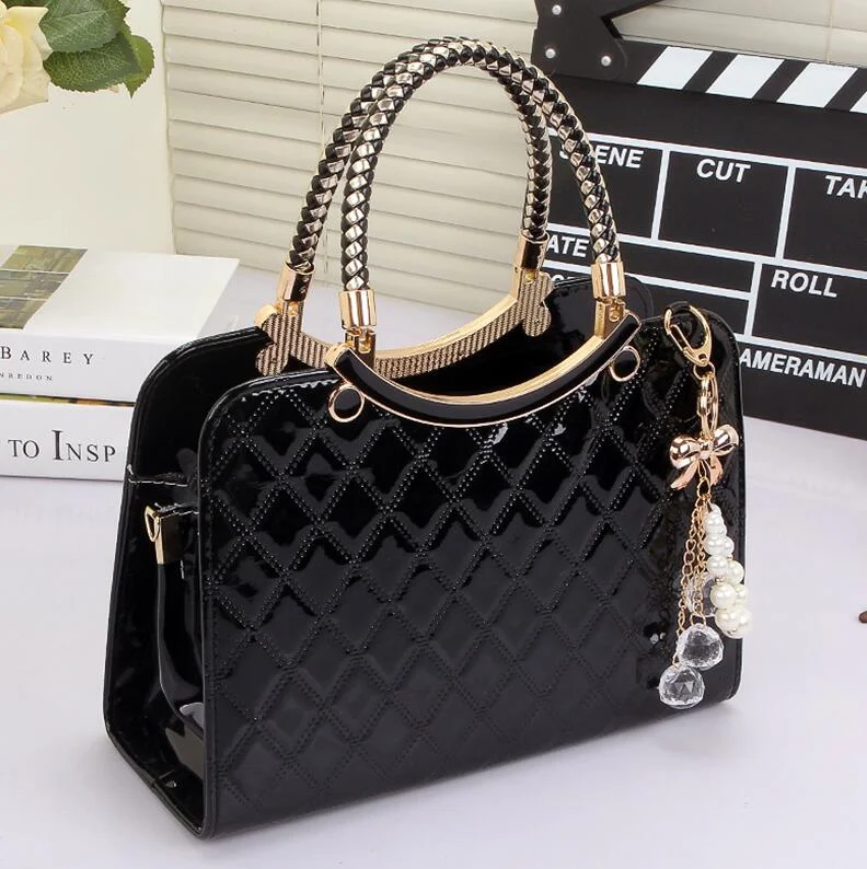 Women PU Handbag with Hanging Ornament Elegant Black Hard Design Top-handle Adjustable Strap Shoulder Bag With High Quality