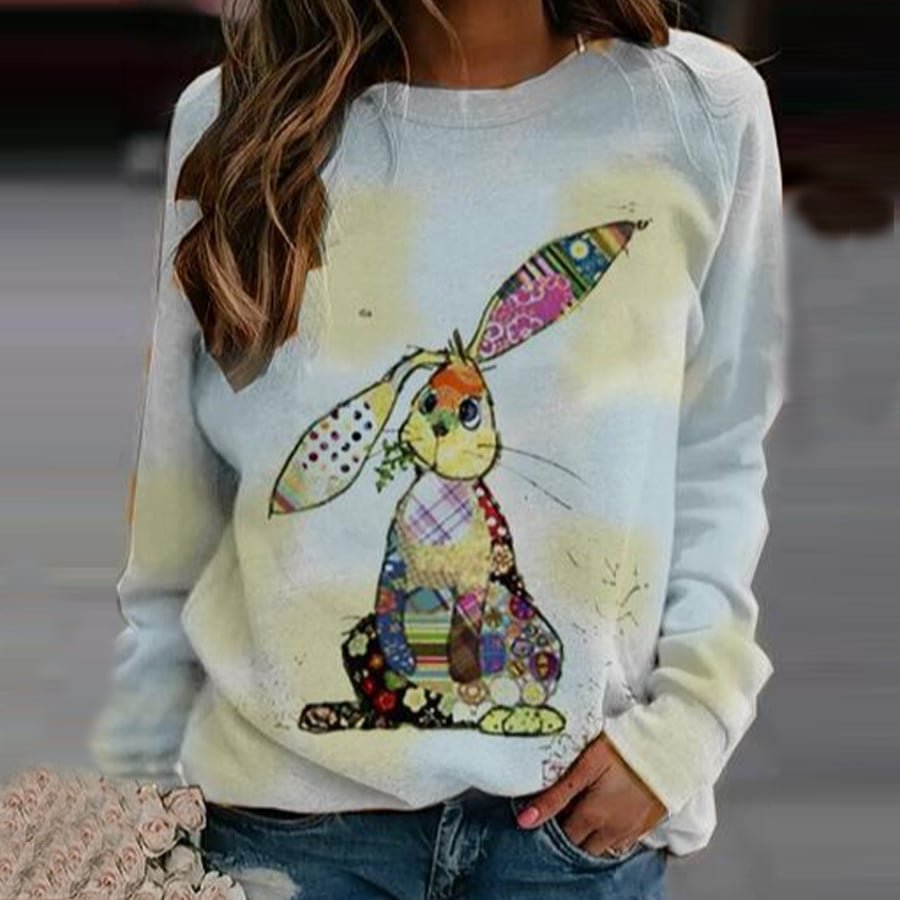 Women's Easter Bunny Print Long Sleeve Crewneck Sweatshirt