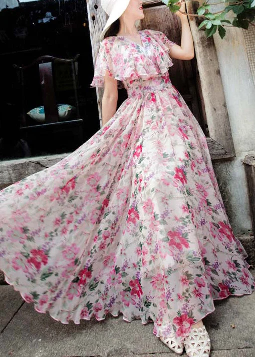 Fashion Pink V Neck Print Chiffon Exra Large Hem Dress Summer