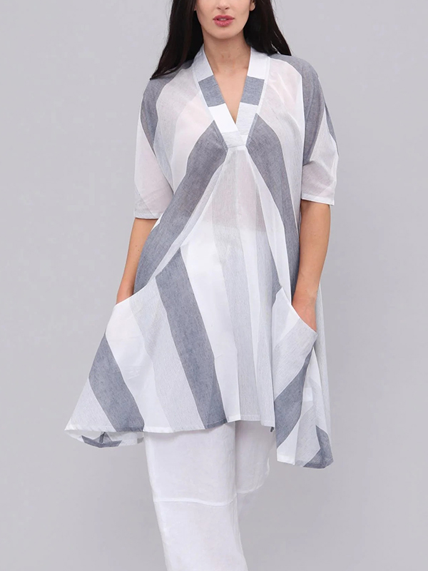 Loose V Neck Side Pocket Sheer Blouses