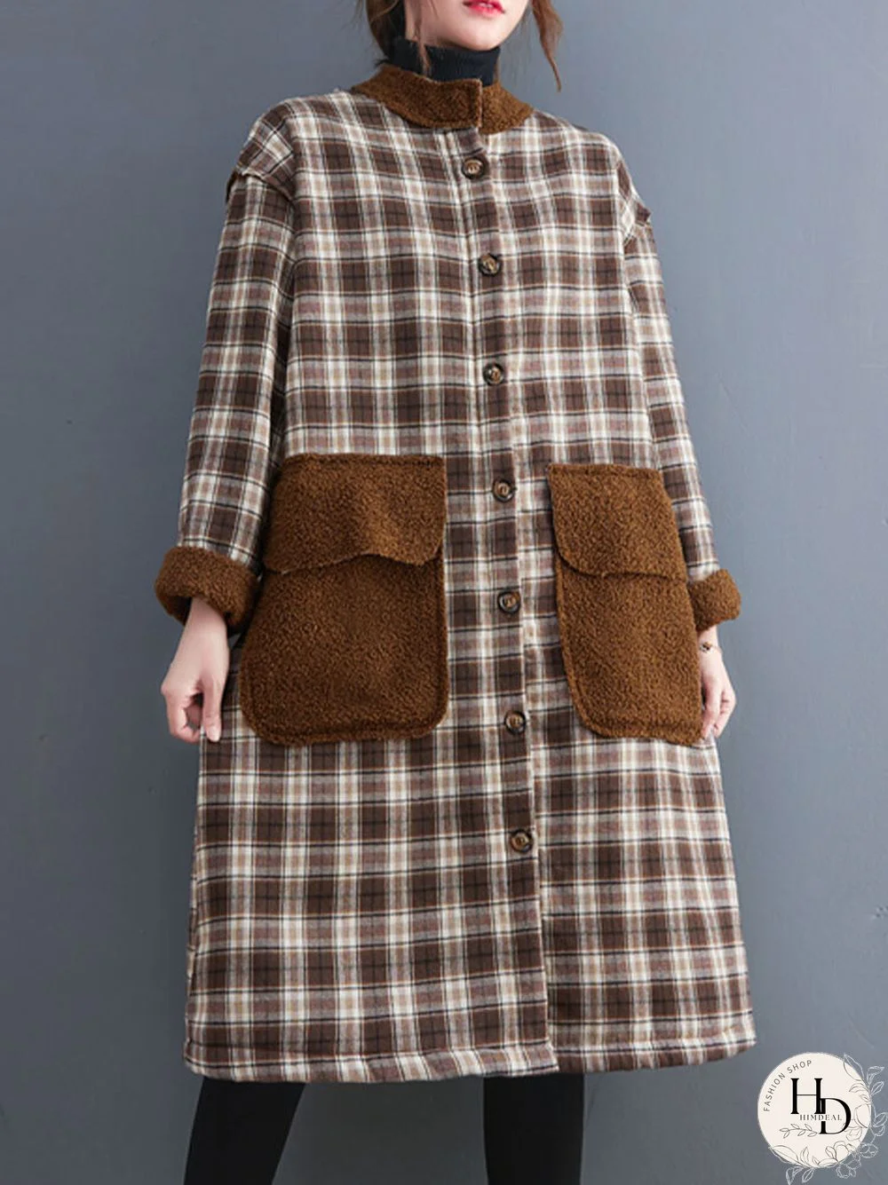 Plaid Print Patchwork Pocket Button Fluffy Teddy Coat