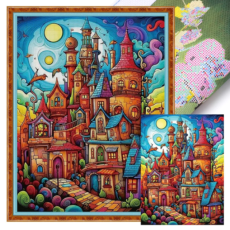 Colorful Castle Under The Starry Sky - Printed Cross Stitch 16CT 40*55CM