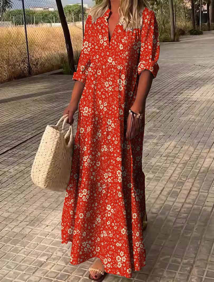Women Floral, Red DZDN0802 SPU Printed Long Sleeve V-neck Maxi Dress