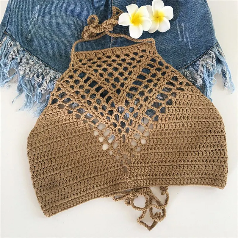2021 New Bikini Top Crochet Women Boho Beach Bralette Solid Halter Knitted Swimsuit Bikinis Bathing Suit Top