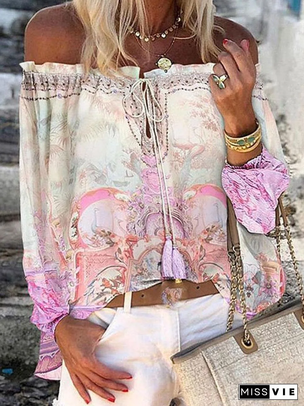 Women's Fashion Print Off-shoulder Top With Flared Sleeves