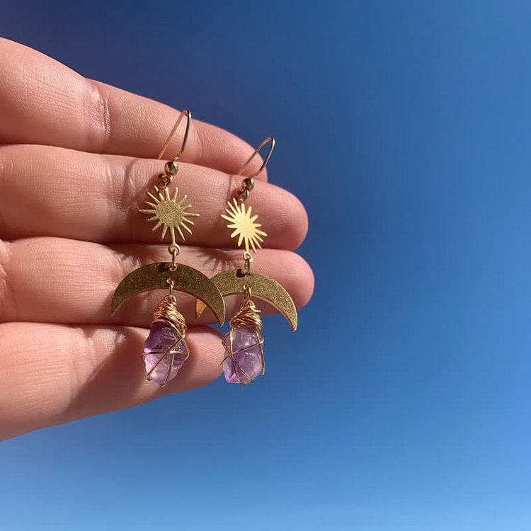 Rising Sun Moon Amethyst Witch Earring Necklace