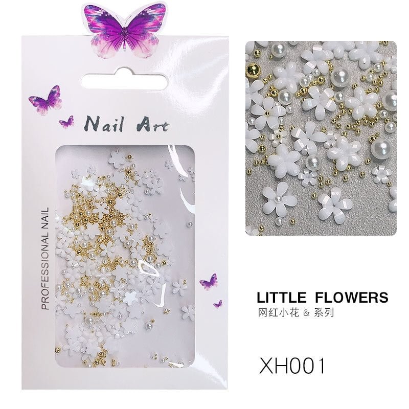 3D Mixed Size White Flower Nail Art Jewelry Steel Ball Nail Supplies for Professional Accessories Nail Polish Decals Decoration