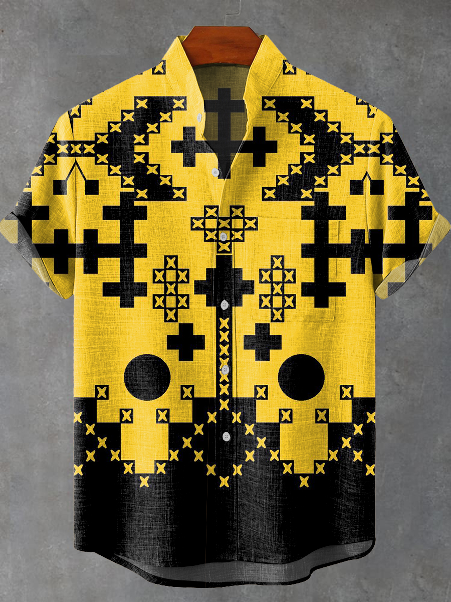 Vintage Abstract Diamond Geometric Totem Art Print Casual 100% Cotton Shirt