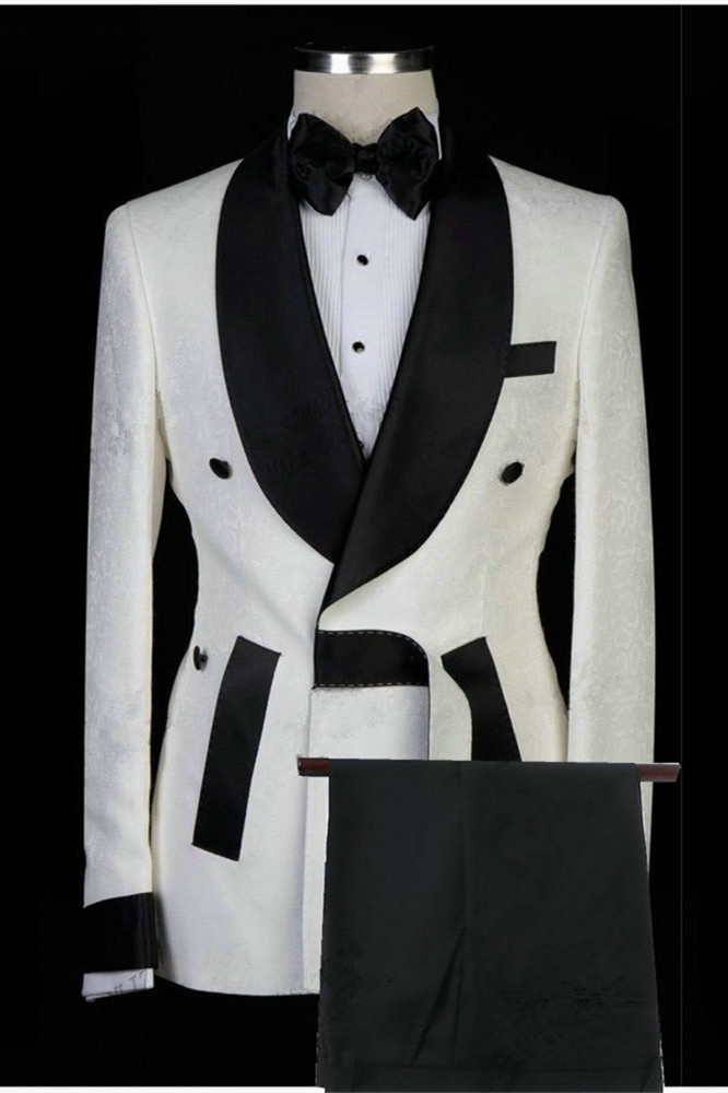 Bellasprom White Jacquard Shawl Lapel Men Suits for Wedding Bellasprom