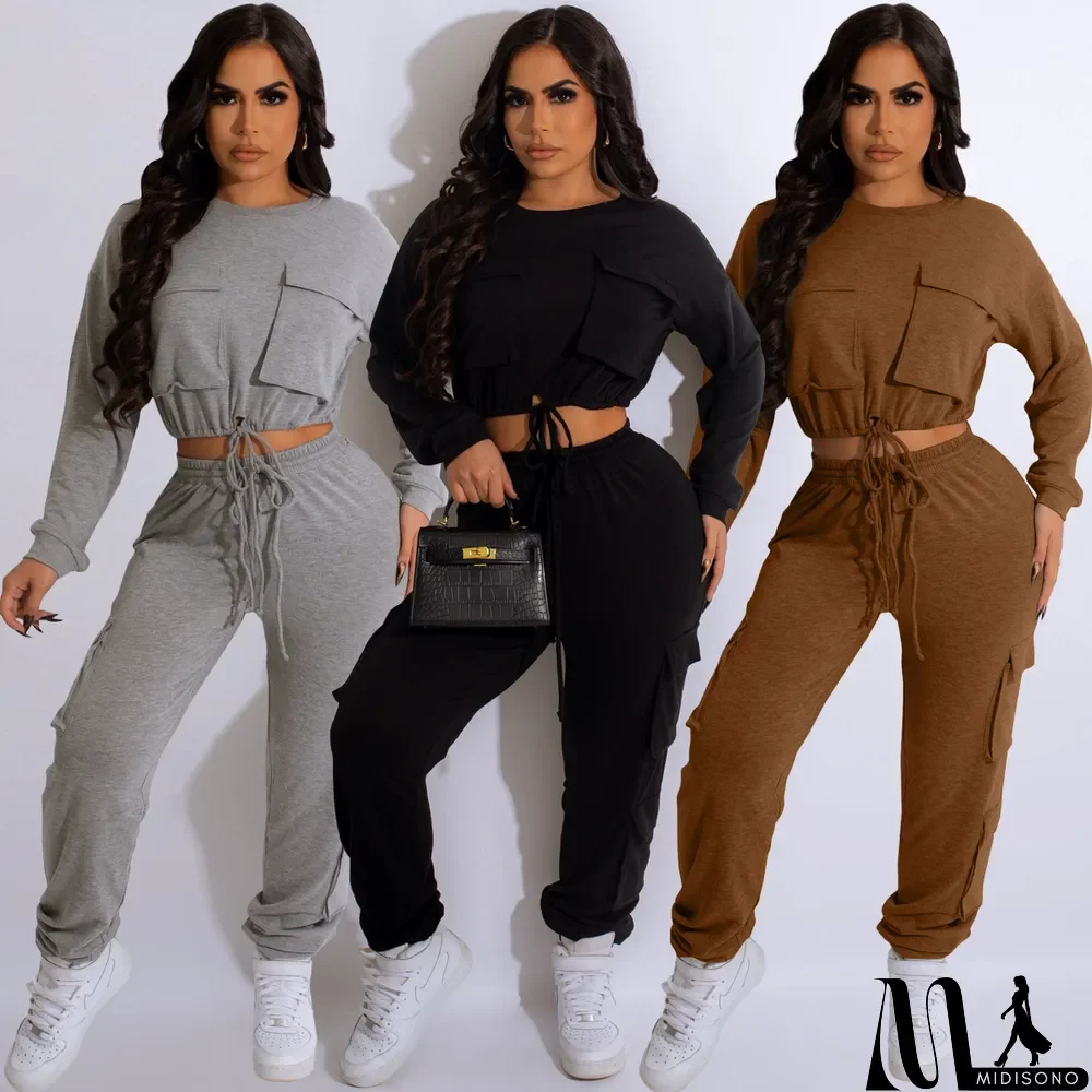 MidiSono - Solid Color Drawstring Crop Tops And Pant 2 Piece Set