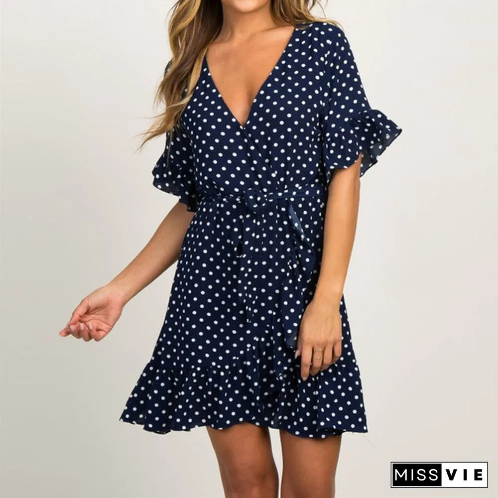 Women's Fashion Boho Chiffon Dress Ladies Polka Dot Beach Dress
