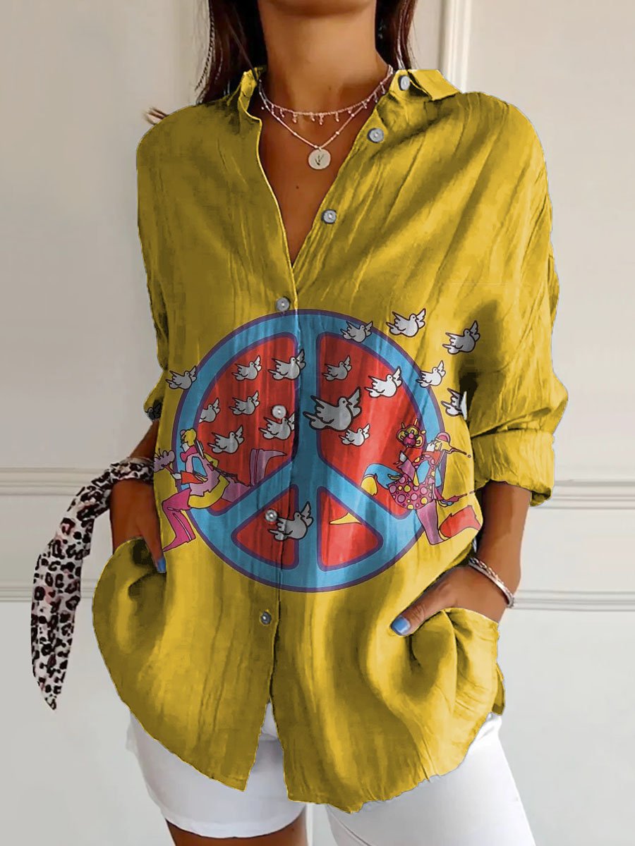 Women's Dove of Peace Hippie Art Print Casual Cotton Shirt