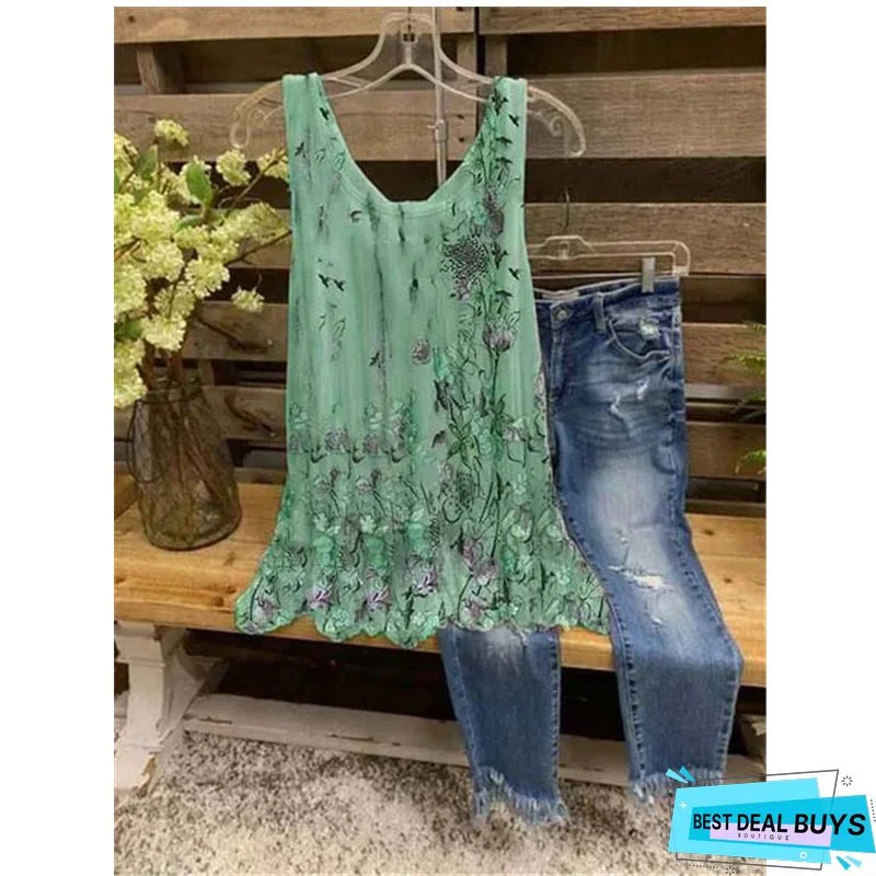 Floral-print V Neck Sleeveless Casual Tunic Top