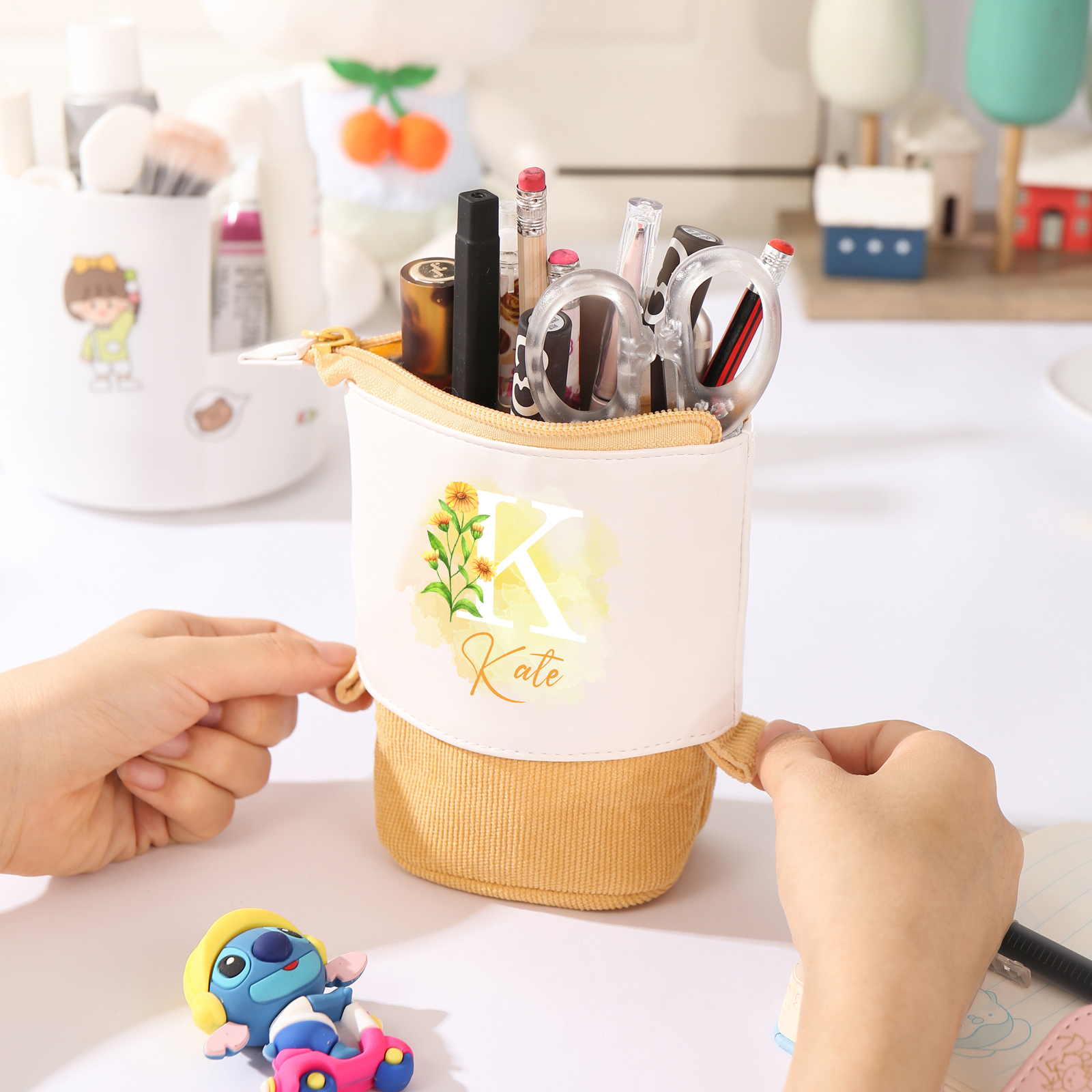 Astuccio per matite personalizzato con 1 nome e 1 lettera e 1 fiore di nascita regalo per scuola elementare bambini