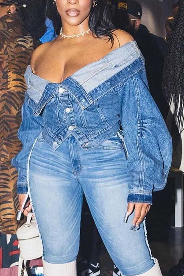 Plus Size Outerwear Jacket Daily Blue Off The Shoulder Denim Long Sleeve