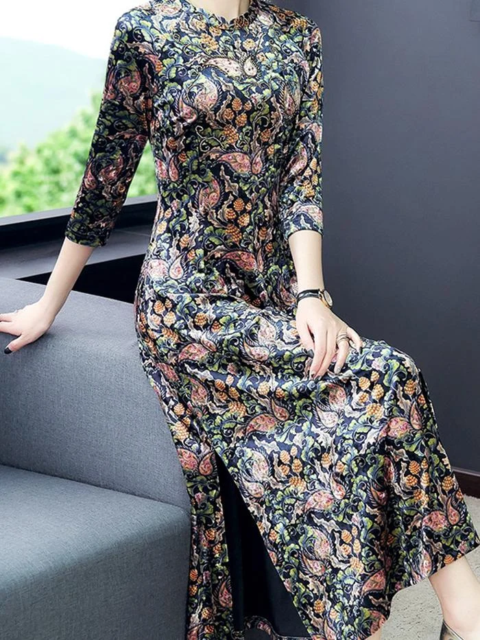 Fashion Floral Velvet Long Sleeve Dress