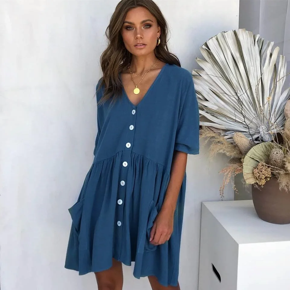Summer Women Dress 2021 Robe Femme Boho V-neck Spring Sexy Bohemian Dress Pocket Button Beach Dress Vestidos De Mujer Casual