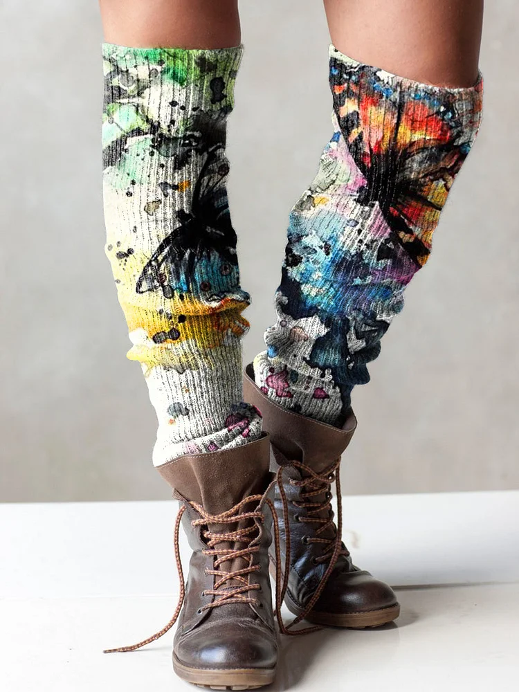 （Ship within 24 hours）Retro butterfly print knit leg warmers boot cuffs