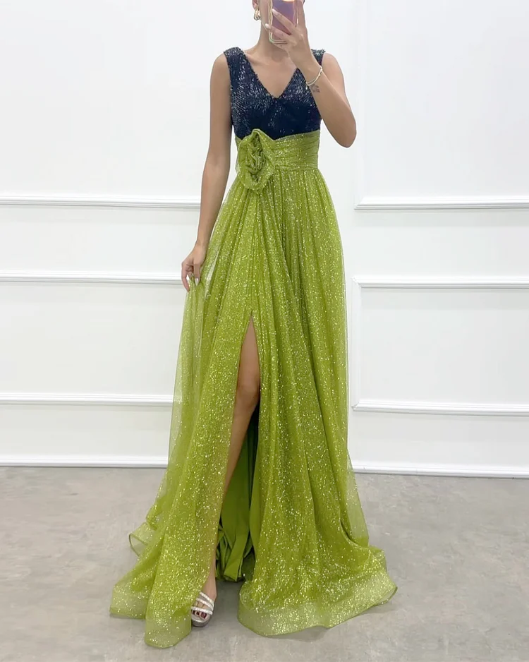 Women's V-neck split mesh sequins Dress