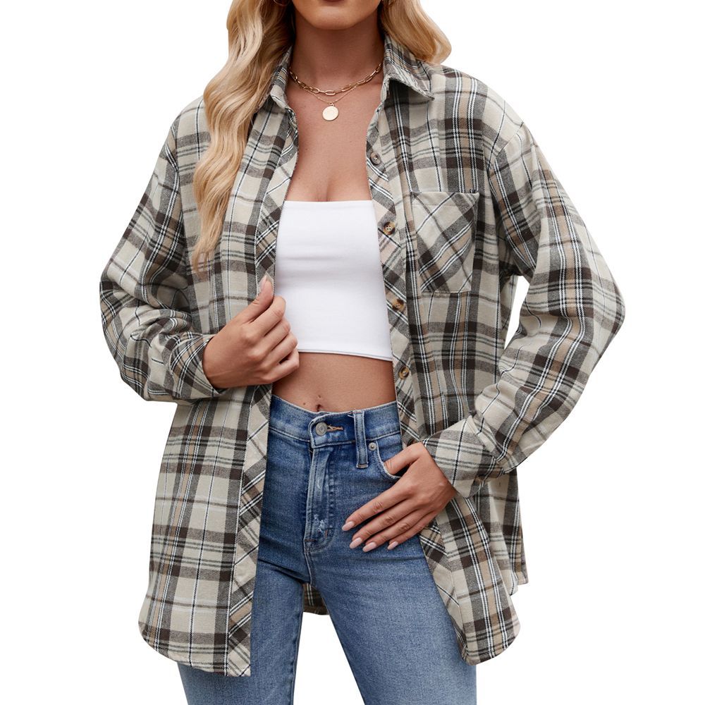 Mature Women Casual Fashion Hot Girl Loose Plaid Shirt Top
