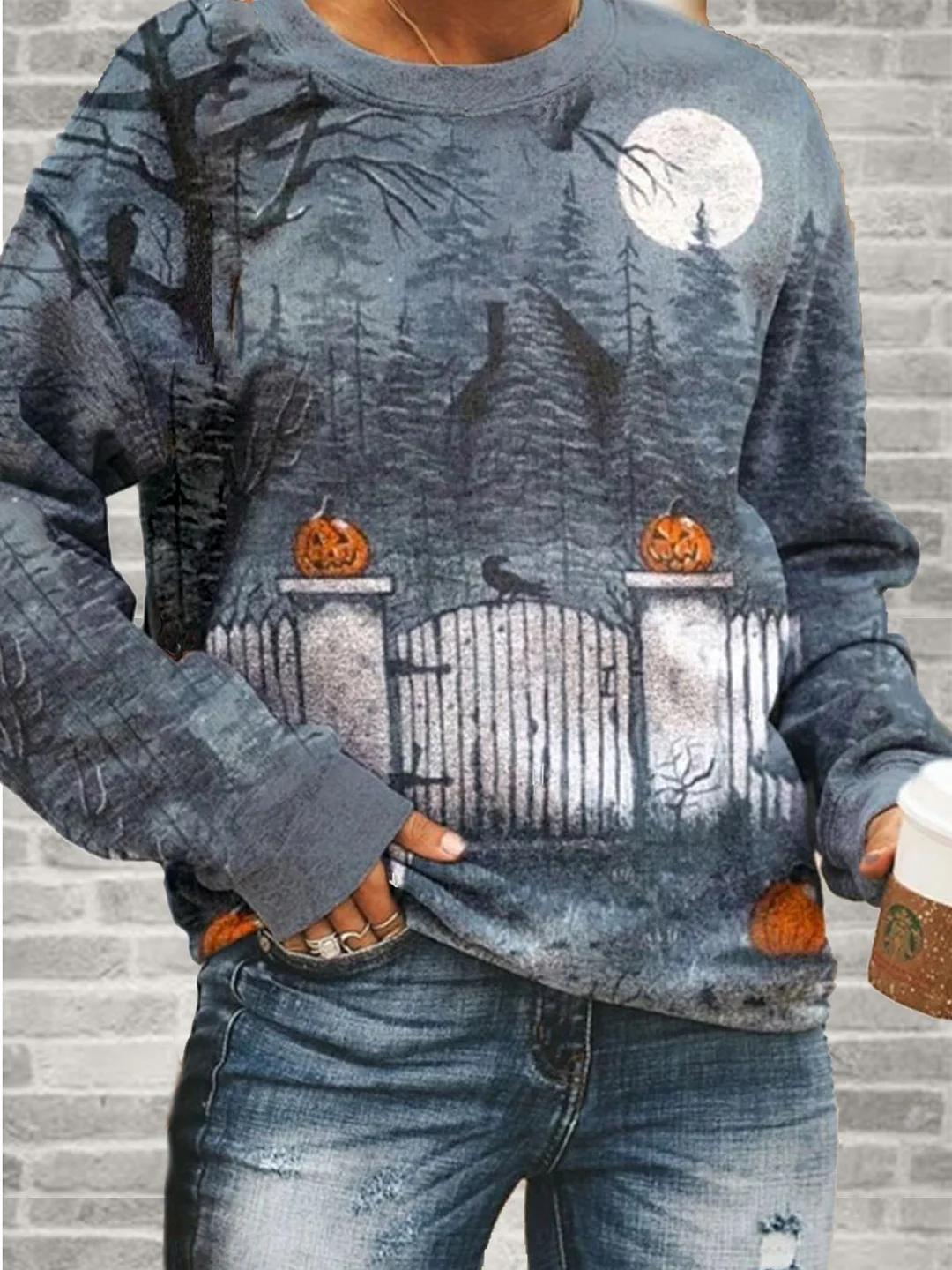 Light Blue Crew Neck Printed Outdoor Sweatshirts