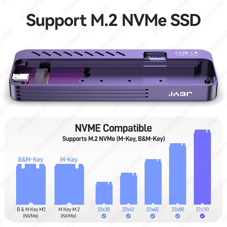JEYI 22110 M.2 NVME NGFF Enclosure, USB 3.2 Gen2 Type-C 10Gbps SSD