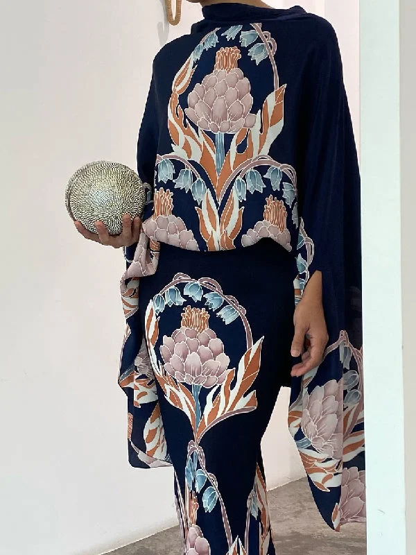 Batwing Sleeves Loose Flower Print Mock Neck Blouses&Shirts Tops