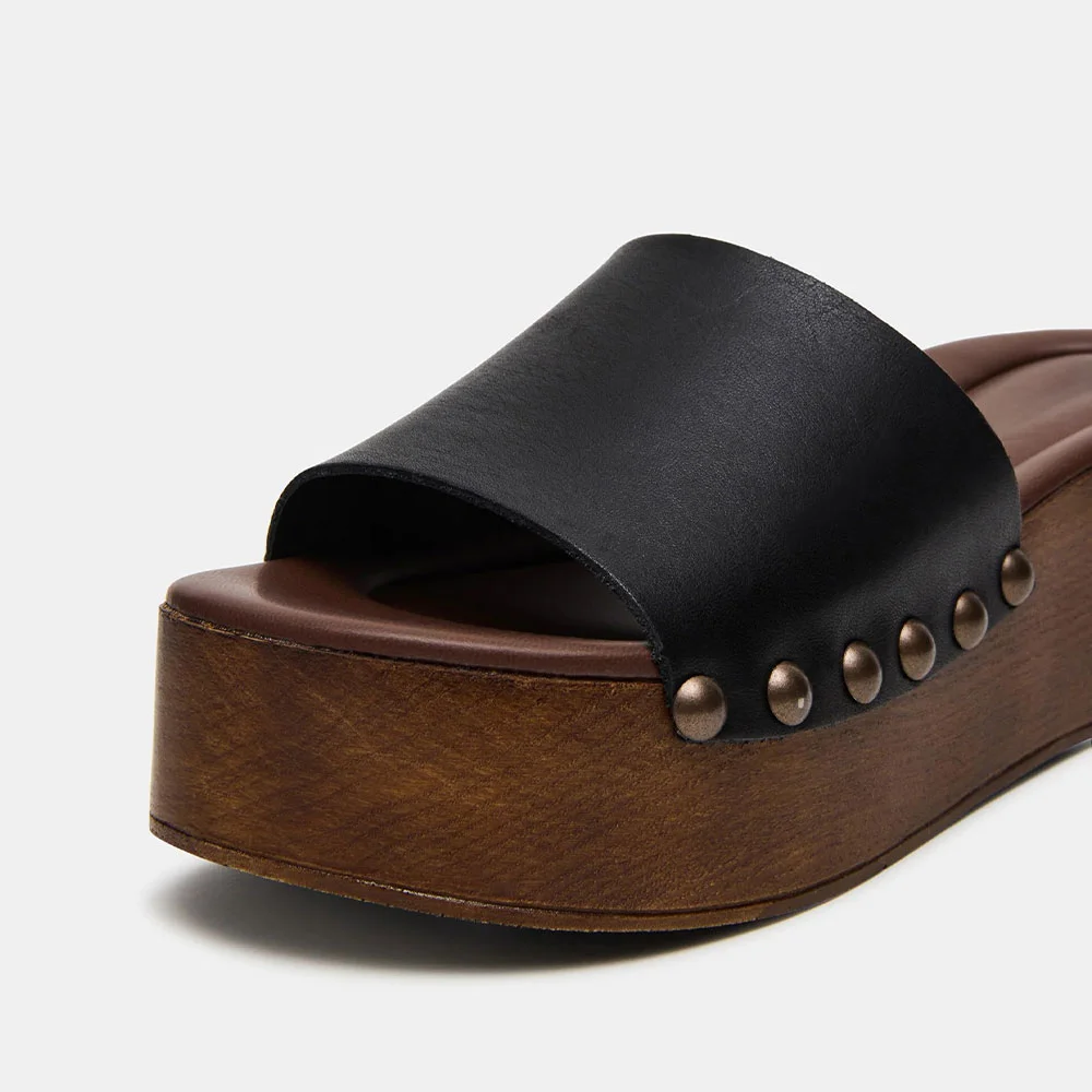 Women's Black Faux Leather Platform Slide Sandals with Studded