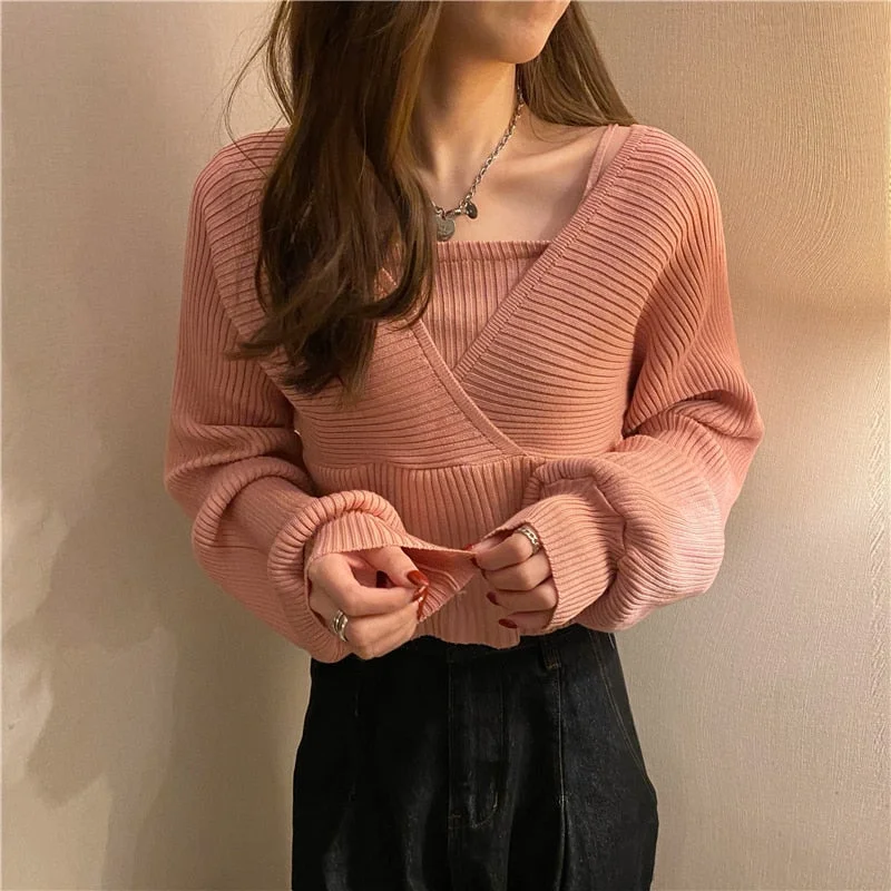 Autumn Elegant Solid Slim Short V Neck White Knitted Tops Bottom Fake Two Pieces Pullover Sweaters Lady Fashion Chic Korea 17394