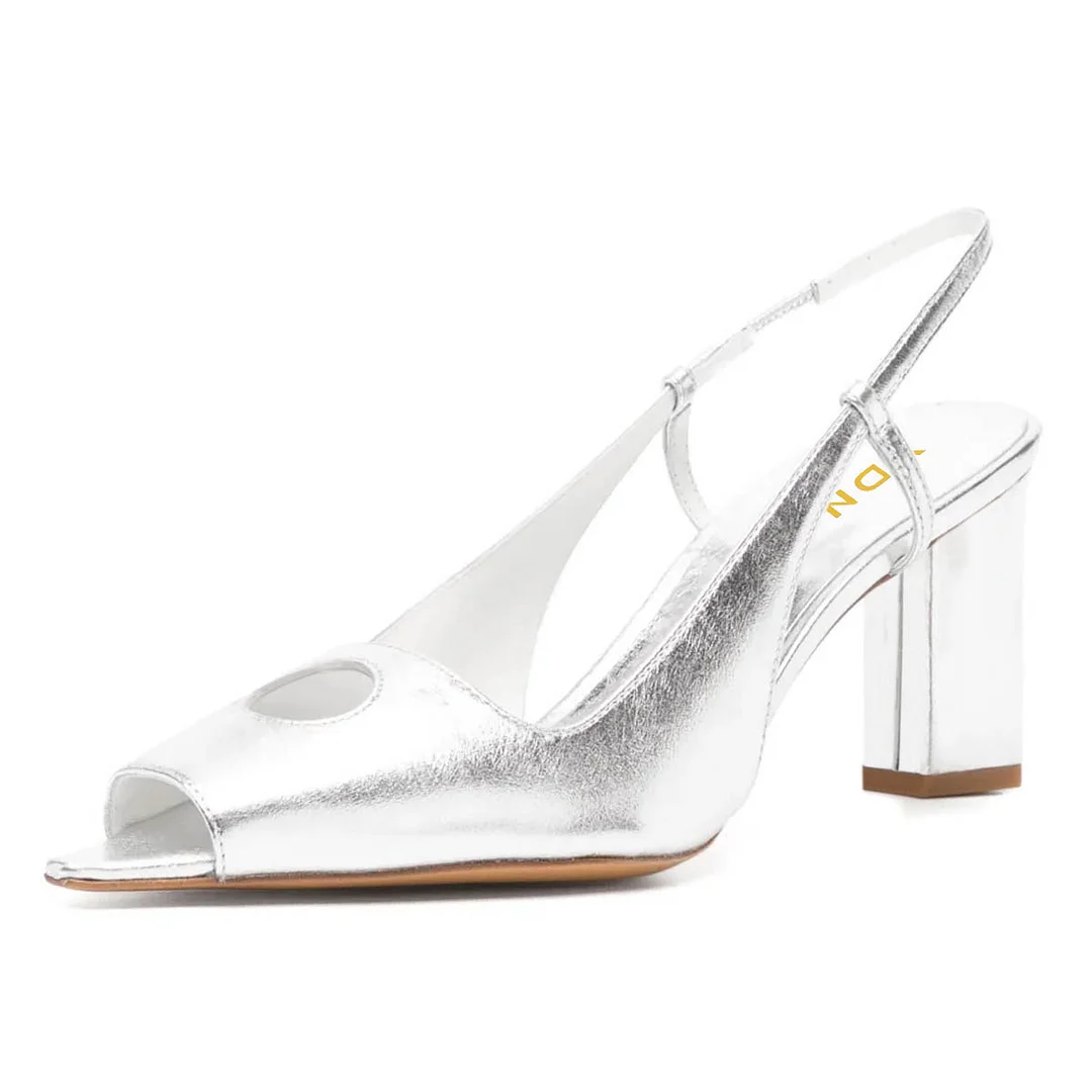 Silver Metallic Finish Peep Toe Chunky Heel Slingback Pumps