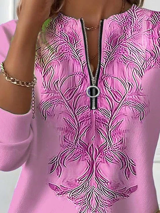 Women Long Sleeve Scoop Neck Floral Printed Graphic Zipper Tops