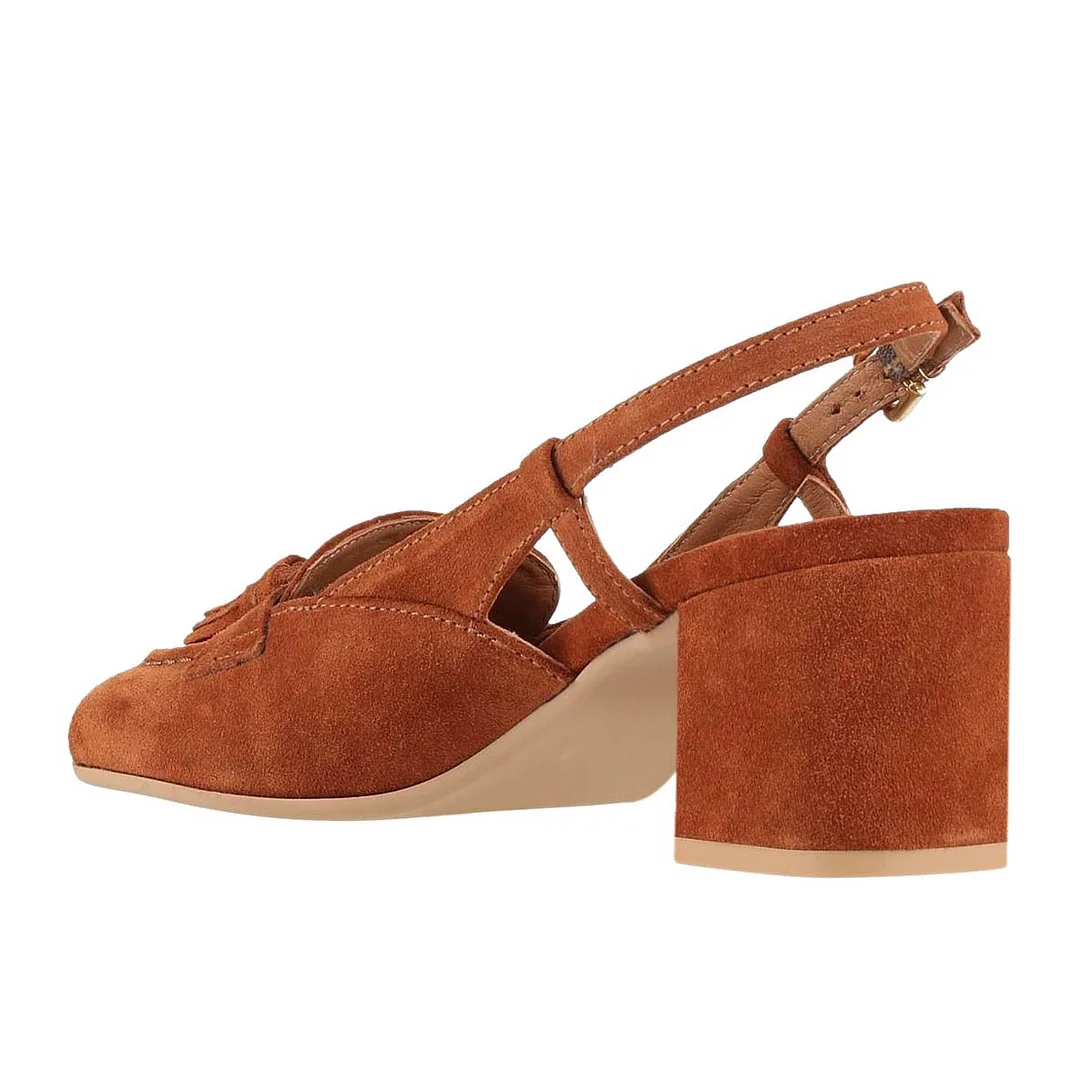 Women's Brown Square Toe Tassel Low Heel Pumps with Slingback