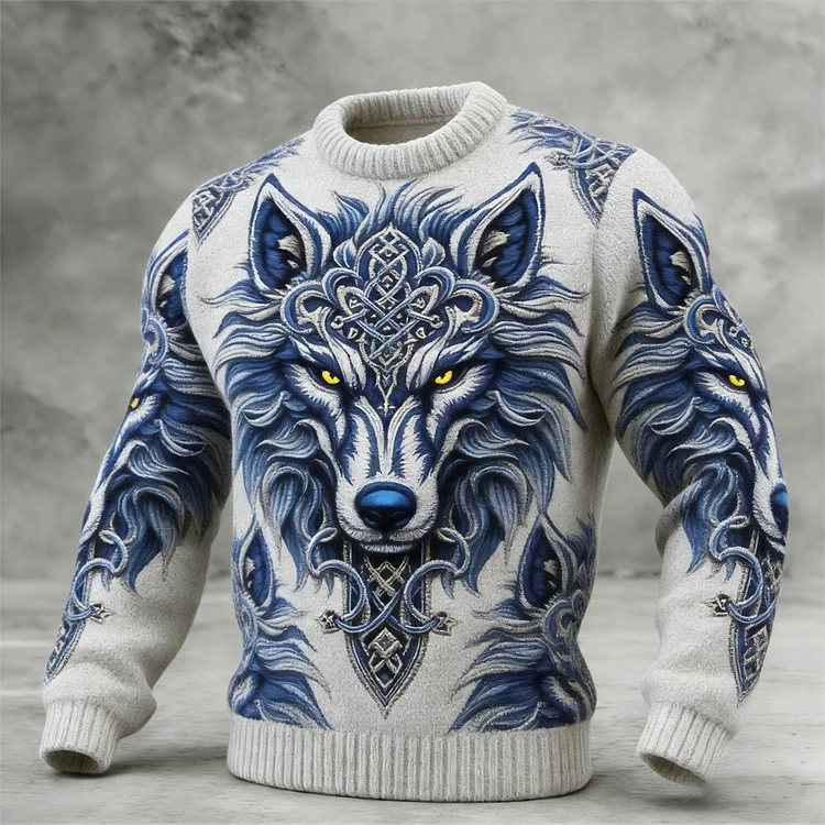 Men's Celtic Wolf Pattern Knit Sweater