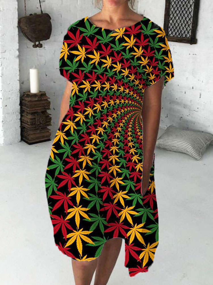 African Traditional Color Maple Leaf Print Midi Dress wearshes