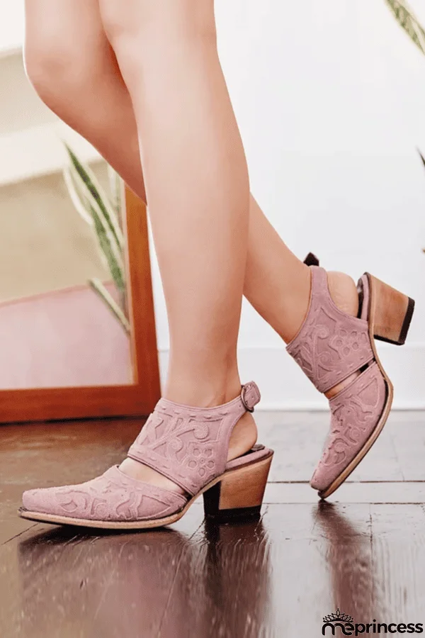 Etching Cut Out Chunky Heels Ankle Mule Boots