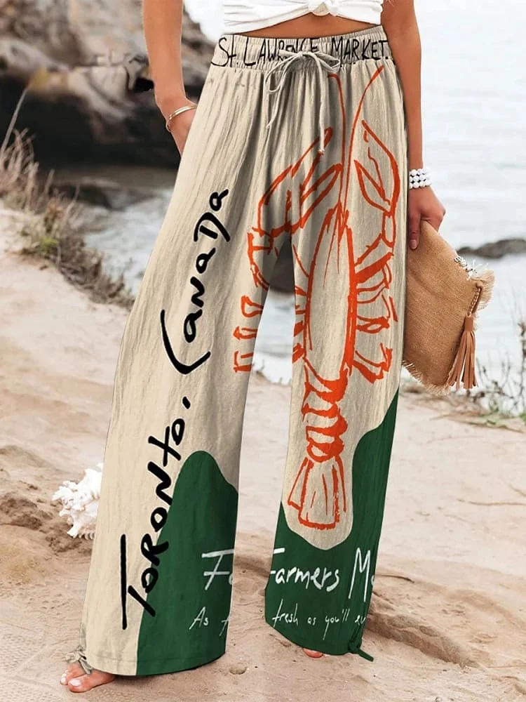 Women's Vintage Lobster Art Print Cotton And Linen Casual Pants