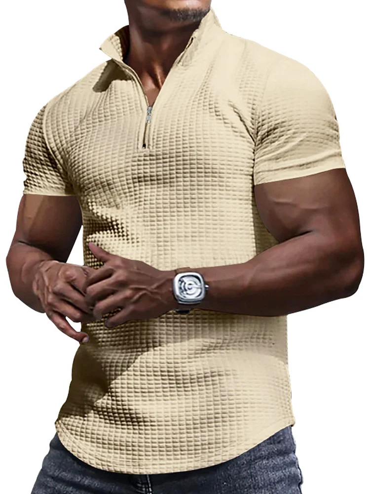 Men's Zipper Small Square Casual Solid Color Polo Shirt