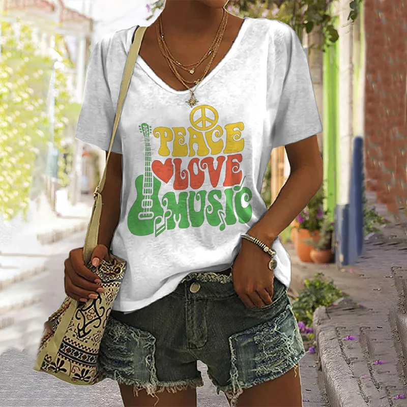 Peace Love Music Print Casual V-Neck T-Shirt