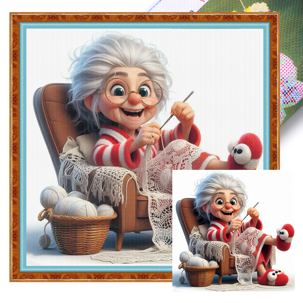 Sewing old lady Full 11CT Pre-stamped Canvas(40*40cm) Cross Stitch