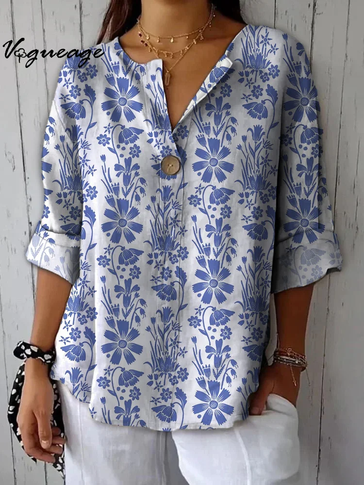 Fashion Gentle Simple Flowers Printed Cotton And Linen Shirt