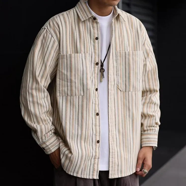 Men's Casual Striped Loose Lapel Patch Pocket Long Sleeve Shirt 32379389M