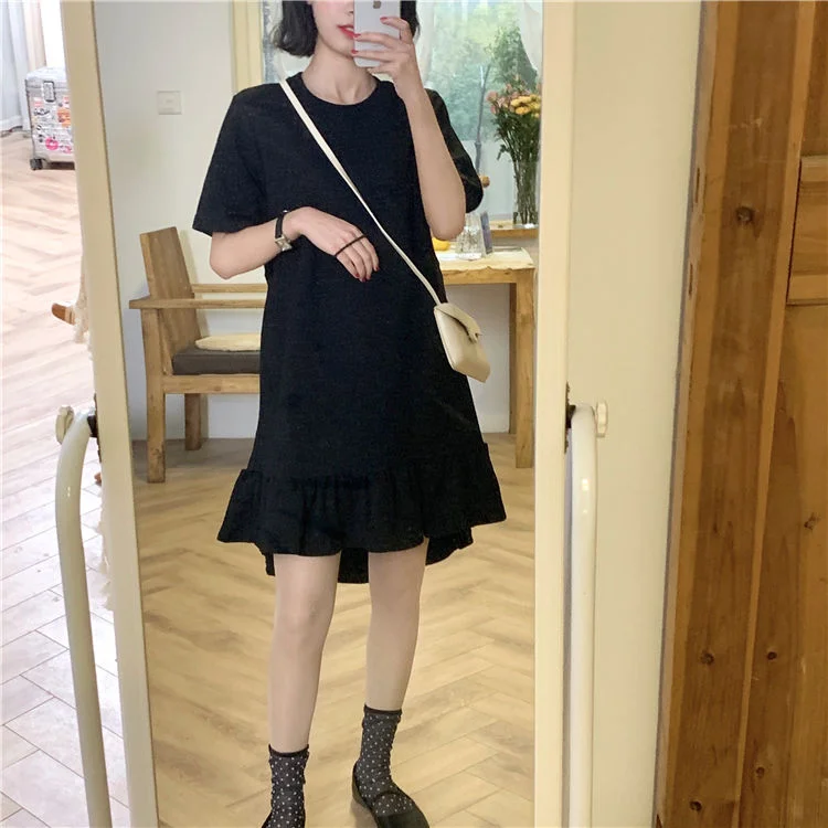 Dress Women Short Sleeve Solid Simple Hollow Out Pleated Chic Elegant Leisure Daily Womens Korean Style All-match Stylish Trendy