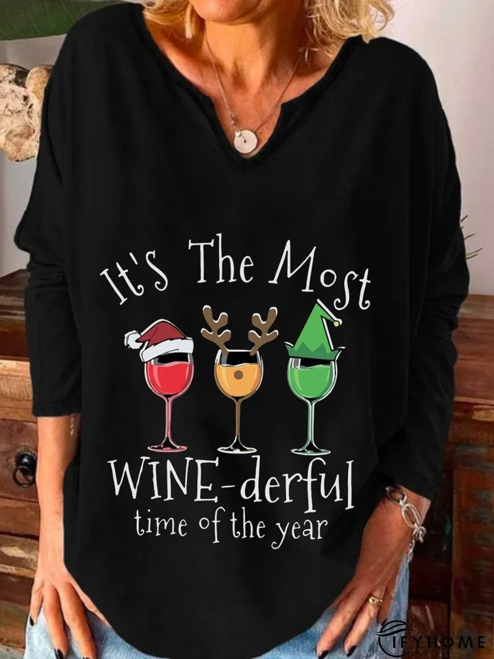 Christmas Xmas Long Sleeve U Neck Plus Size Printed Top T-shirt Xmas T-shirt | IFYHOME