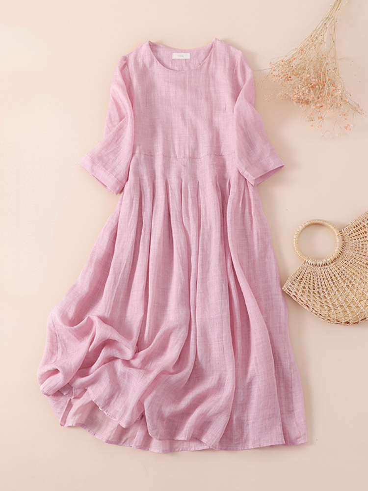 Retro Loose Cotton Linen Solid Color Mid-length High Elegant Casual Dress