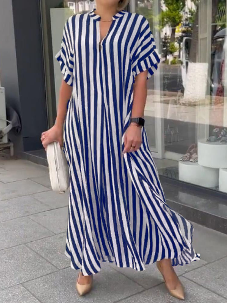 Women's Short Sleeve V-neck Striped Printed Maxi Dress