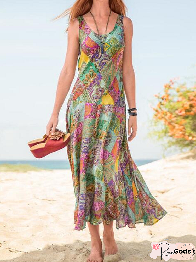 Sleeveless Printed Holiday Women Dress