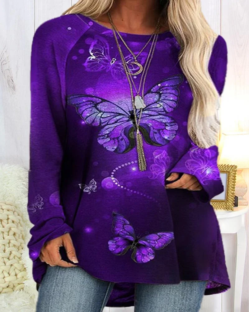 Women's Mysterious Butterfly Print Round Neck Long Sleeve Plus Size Top