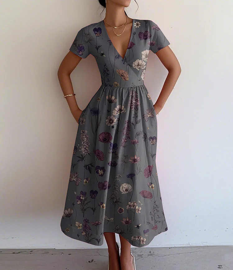 Vintage Elegant Floral Print V-Neck Short Sleeve Dress