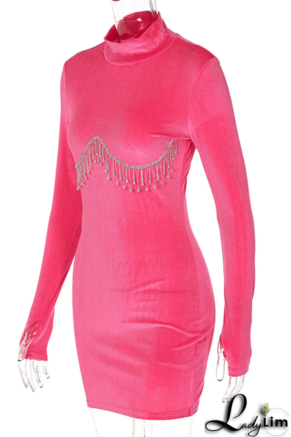 Rose Red Sexy Solid Rhinestone Half A Turtleneck Pencil Skirt Dresses