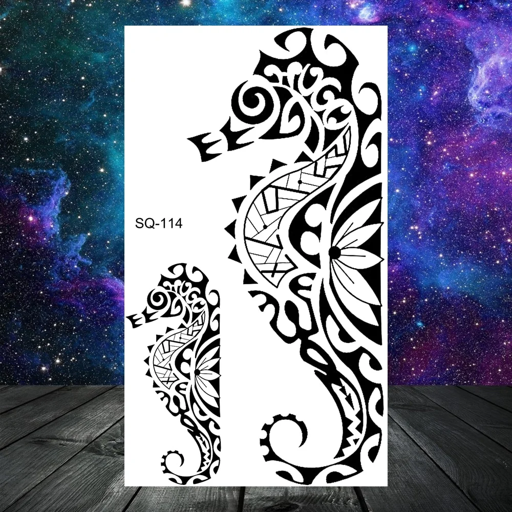 Sdrawing Seahorse Whale Temporary Tattoos For Women Men Cross Anchor Skeleton Thorns Elephant Fake Tattoo Fashion Tatoos Paper